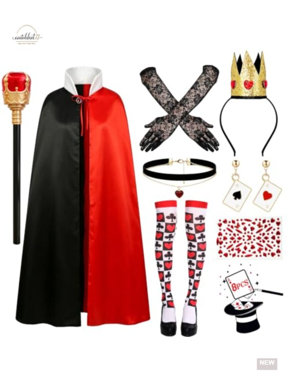 Queen of Hearts Costume Set Cape Crown Wand Gloves 8 Pc Adult Women